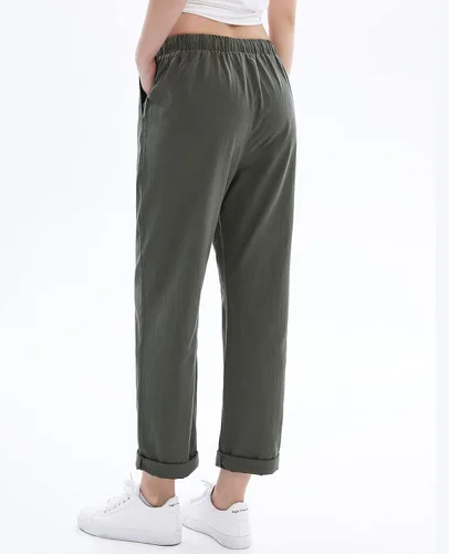 Vista 3 de Pantalones de lino para mujer para verano, con cordón, suaves, recortados, de algodón, cintura elástica