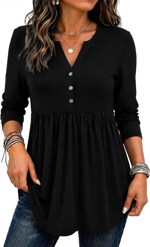 Vista 19 de Zeagoo Blusas de manga larga para mujer, estilo bohemio, cuello en V negro (Flower Black)