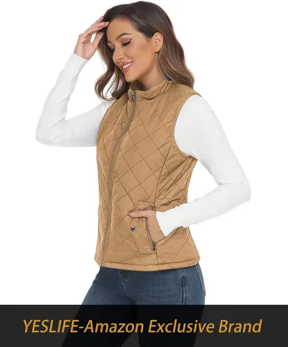 Vista 4 de YESLIFE Chaleco acolchado para mujer 2024 con un bolsillo interior, chaleco acolchado ligero con cuello alto para mujer