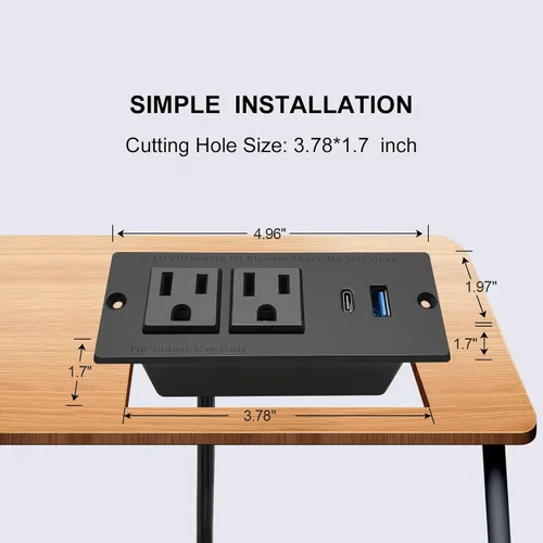 Vista 2 de Regleta de alimentación empotrable USB C, estación de alimentación de escritorio de carga rápida, 2 tomacorrientes, 2 tomas de corriente USB