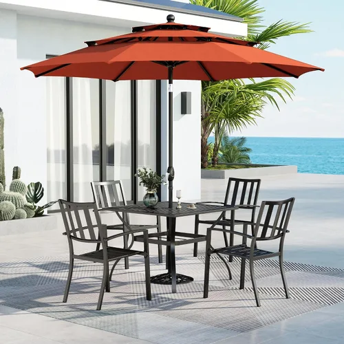 Vista 29 de MFSTUDIO Juego de mesa de comedor para patio al aire libre con paraguas, 4 sillas giratorias y 1 x 37 cuadrado Bistro forjado Iorn Slat mesa grande