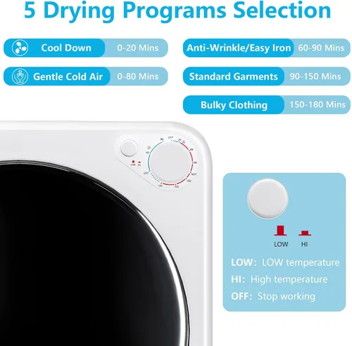 Vista 2 de Secadora de ropa portátil de 1.7 pies cúbicos, 5 modos de secado y perilla de control 800W Front Load Compact Laundry Dryer Machine with Stainless