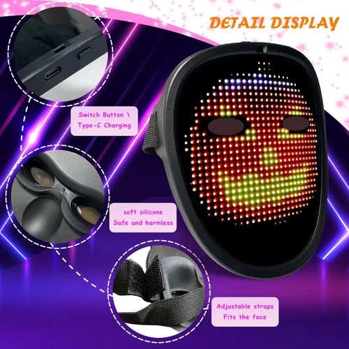Vista 4 de COOLGUARDER - Máscara LED con detección de gestos, máscara facial transformadora con luz para fiesta de disfraces de Halloween y Navidad