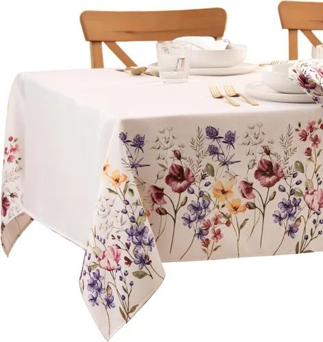 Vista 8 de Elrene Home Fashions Mantel de tela con borde botánico de flores silvestres de amapola, redondo, 70 x 70 pulgadas