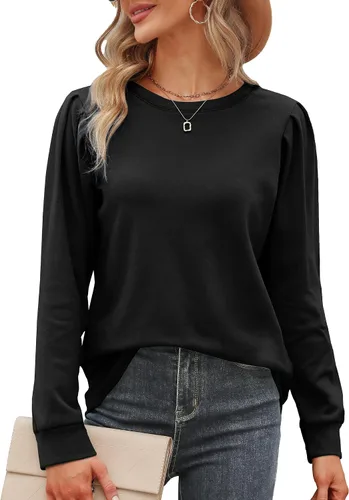 Vista 2 de Geifa Sudaderas para mujer, cuello redondo, manga abombada, suéteres ligeros, a la moda 2023