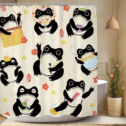 Vista 33 de Juego Divertido de Cortina de Rana Retro para Ducha, Juego de Baño 48x71 Pulgadas, Estilo Asiático Lindo, Arte Japonés Tradicional de Pato de Goma