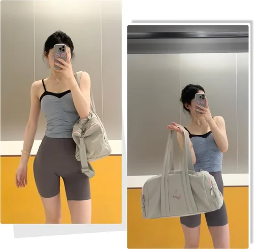 Vista 6 de Bolsa de gimnasio para mujer con compartimento para zapatos y artículos húmedos, bolsa de lona para viajes, deportes, yoga, fitness y entrenamiento