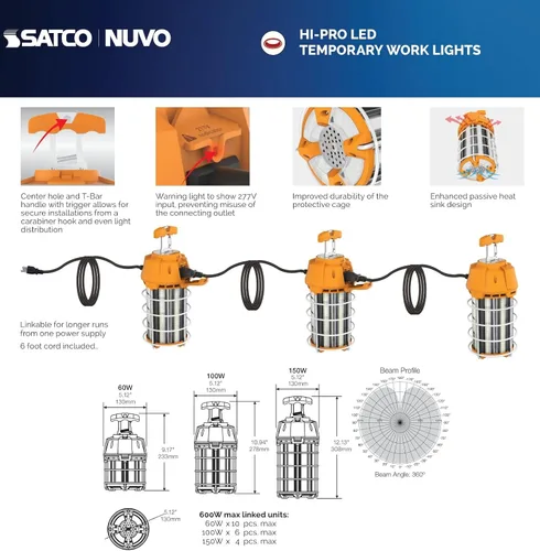 Vista 3 de Satco S38975 Hi-Pro - Luz de trabajo temporal LED de alto lumen, 5000 K, blanca, 150 vatios