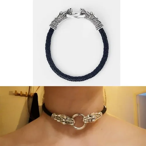 Vista 2 de Gargantilla de cuero genuino collar de dragóngargantilla con cuero trenzado negro 13-17 gargantilla de serpiente punk 13-17 joyería