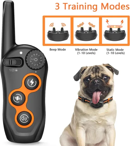 Vista 2 de Collar de entrenamiento para perros, collar de choque para perros IPX7 impermeable con control remoto de alcance de 1300 pies, 3 modos de Naranja