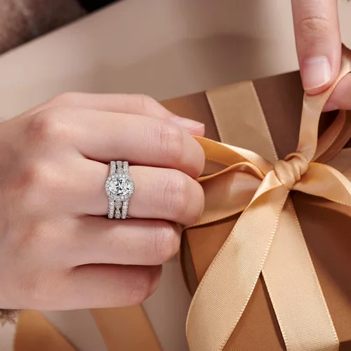 Vista 6 de Newshe Jewellery Juego de anillos de compromiso ovalados para mujer AAAAA con circonita cúbica 925 de plata de ley 925, juego de anillos de novia