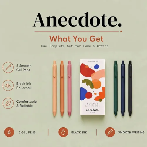 Vista 2 de ANECDOTE. Journaling Pens Set (6 Pack) Black Ink Planner Pens, Fine Point Pens (0.5mm) Cute Journal Accessories, Retractable Gel Pen Set, Smooth