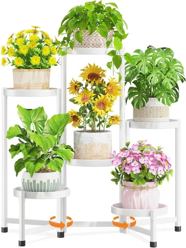 Vista 10 de LASZOLA Soporte alto plegable para plantas de 5 niveles para interiores y exteriores, para macetas grandes, estante ajustable de metal resistente