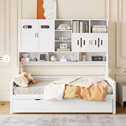 Vista 26 de VilroCaz Cama de sofá de tamaño individual de madera con estantes de almacenamiento y escritorio de estudio, estructura de cama de día Blanco