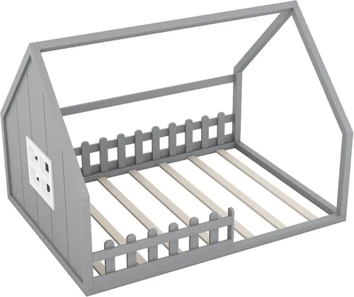 Vista 8 de Polibi Cama de casa de tamaño completo, marco de cama de piso de madera con ventana y valla para niños, gris