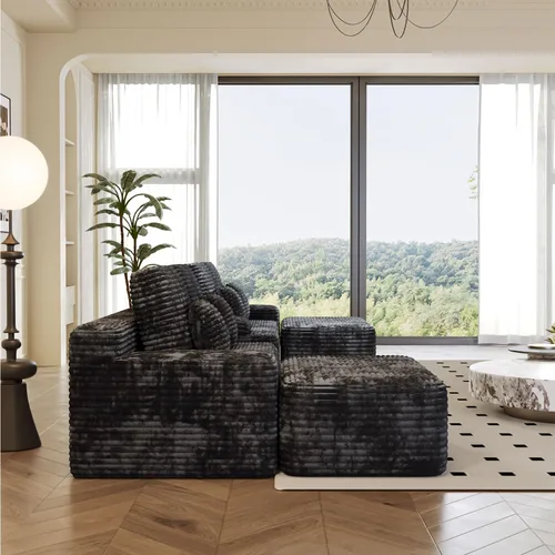 Vista 5 de KEIKI 150" Sofá seccional modular de gamuza en forma de U extragrande con 2 otomanos y consola multifuncional, sofá tapizado de 6 plazas con USB y 2