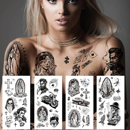 Vista 4 de 12 Hojas de Tatuajes Temporales Chicanos Grandes, Tatuajes Temporales Cholo y Chola, Tatuajes Falsos de Gángster Chicana Guadalupe Día