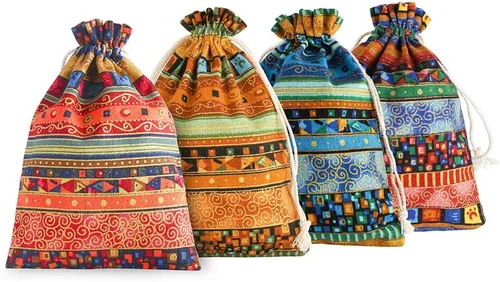 Vista 10 de SumDirect Bolsa de arpillera de lino estilo étnico egipcio, 20 bolsas de regalo de 4 x 6 pulgadas con cordón, bolsas de algodón reutilizables