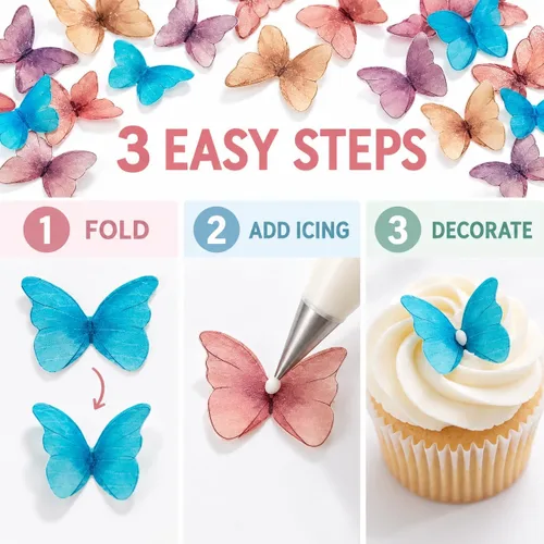 Vista 7 de Mariposas comestibles para decoración de pasteles, decoración comestible de arco iris para pasteles y cupcakes, mariposas de papel de oblea 5Colors-1