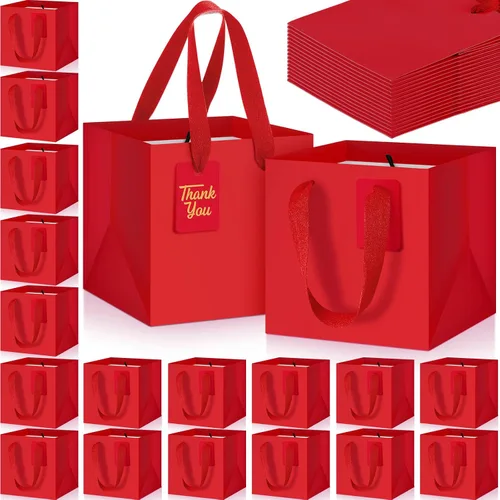 Vista 20 de Windyun 25 mini bolsas de regalo de papel con asa de 6 x 6 x 6 pulgadas, pequeñas bolsas cuadradas con etiqueta de agradecimiento para Navidad