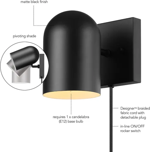 Vista 5 de Globe Electric 65000098 Lámpara de pared de 1 luz enchufable o cableada, negro mate, cable de tela trenzada de 1.8 metros, interruptor basculante