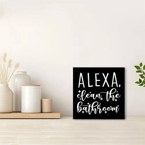 Vista 3 de SJNH Divertido letrero de madera negra para baño, estante de baño, decoración de escritorio Divertido letrero de madera negra para baño con Alexa