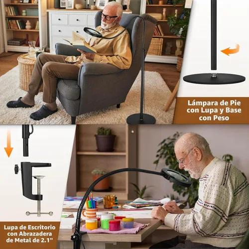 Vista 5 de Lupa 10X con luz y soporte, lámpara de pie flexible de cuello de cisne de 24 pulgadas, LED 3 en 1, 5 modos de color, lupa iluminada regulable sin