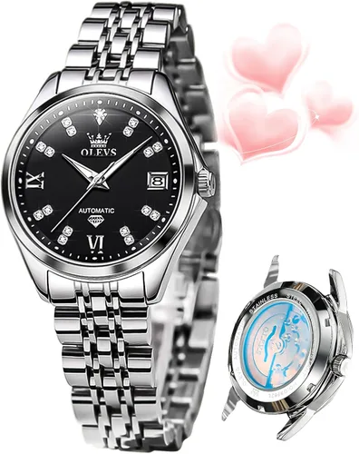 Vista 16 de OLEVS - Reloj automático de lujo para mujer con diamantes, fecha, clásico, de cuerda automática, relojes de pulsera luminosos e impermeables