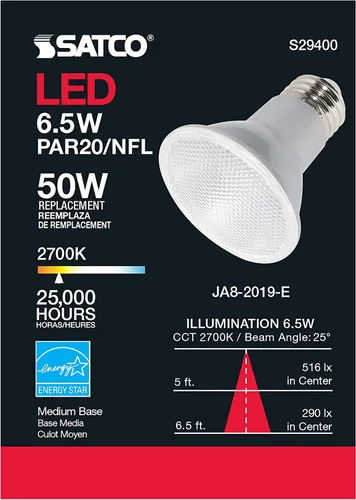 Vista 5 de Satco S29402 - Bombilla LED PAR20 de 6,5 W y 120 voltios; luz blanca neutra de 3500 K; ángulo de haz de 25 grados; base media E26; regulable