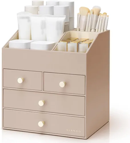 Vista 15 de Organizador de maquillaje Vlando, organizador para el cuidado de la piel para tocador, organizador de maquillaje de PU con cajones, estuche