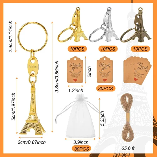 Vista 2 de Taiyin 30 pares de llaveros de torre Eiffel, adorno retro, recuerdo francés, recuerdos de fiesta, regalos de cumpleaños (dorado)