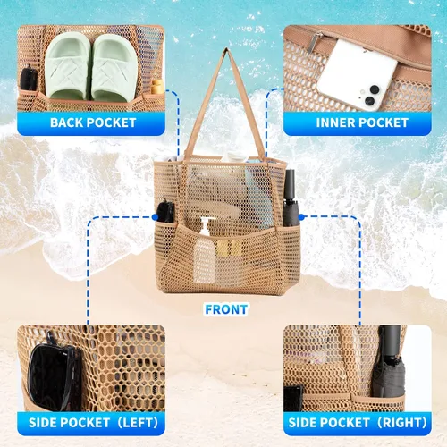 Vista 4 de Bolsa de playa de malla, bolsa de hombro extragrande para mujer, bolsa de piscina para compras, viajes y vacaciones