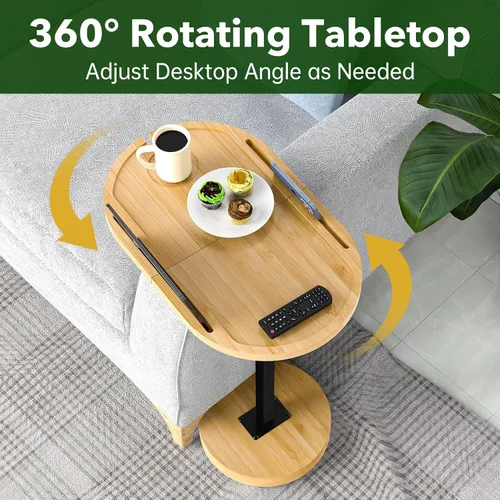 Vista 5 de NiHome Mesa giratoria grande de bambú para TV con base gruesa estable que no se vuelca, bandeja de mesa de sofá de altura ajustable, mesa auxiliar