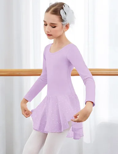 Vista 3 de Arshiner Leotardos de ballet de manga larga para niñas con faldas brillantes, vestidos de baile con espalda cruzada