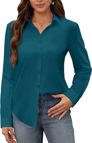 Vista 35 de Siliteelon - Camisas de vestir para mujer, a prueba de manchas, sin arrugas, de manga larga, sólidas, para trabajo y negocios, con botones