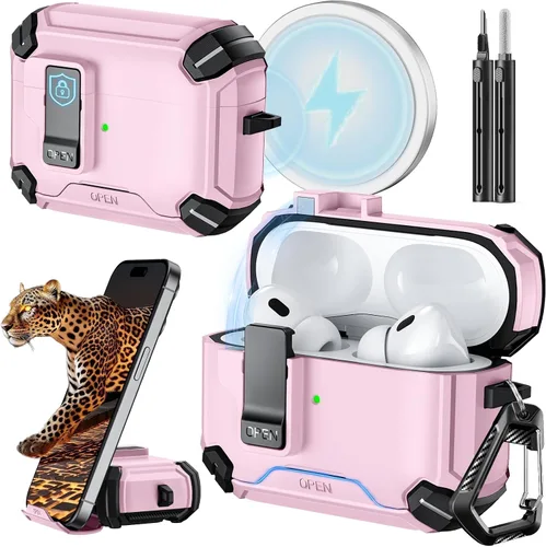 Vista 46 de Inesore Funda para AirPods Pro 1ª/2ª con bloqueo seguro (verde oscuro) Cubierta magnética de bloqueo automático con soporte para teléfono y kit