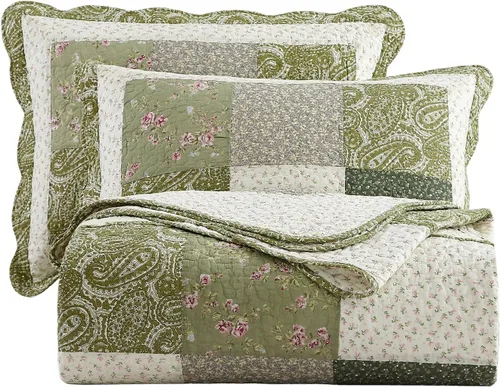 Vista 17 de vctops Juego de edredón acolchado de algodón navideño de 3 piezas (pájaros, Queen extragrande) Juego de ropa de cama de retazos con diseño