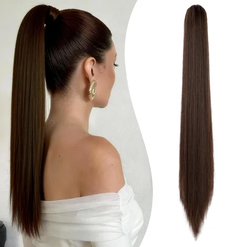 Vista 10 de Felendy Extensión de cola de caballo de 18 pulgadas, mezcla de rubio ceniza, marrón oscuro, rizado, ondulado, con clip, extensiones de cabello largo