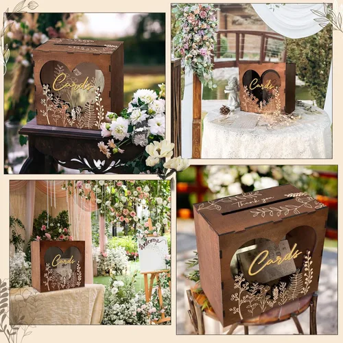 Vista 7 de Caja de tarjetas de boda marrón OurWarm para recepción con ventana acrílica en forma de corazón, caja de regalo de madera para boda