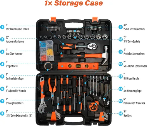 Vista 5 de Kit de herramientas de reparación para el hogar de 141 piezas, juego de herramientas básicas general para hombres y mujeres, juego de herramientas