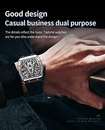 Vista 4 de OLEVS Relojes mecánicos automáticos de esqueleto para hombre, correa de silicona Tonneau de lujo, cristal de zafiro, impermeable, relojes de pulsera