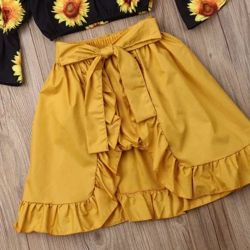 Vista 3 de HIUARA Ropa para niñas pequeñas, moda de manga media, tirantes, parte superior, pantalones cortos de vaquero, falda corta, traje de verano, conjuntos