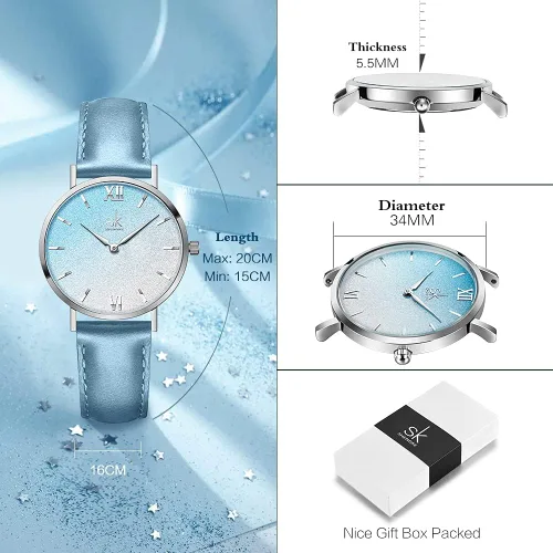 Vista 7 de SK Shengke - Reloj ultra delgado de creativo diseño minimalista, floral o de cielo estrellado con extensibles de piel genuina o acero