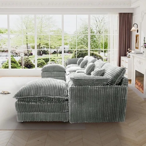 Vista 6 de Sofá de nube de 145 pulgadas, de gran tamaño, en forma de U, color gris claro, para sala de estar, sofá modular modular con otomanas y consola