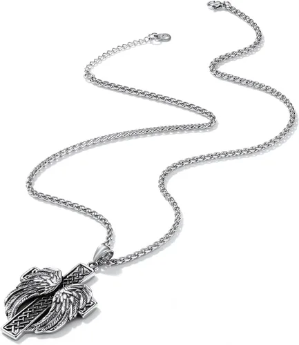 Vista 6 de Richsteel Collar de acero inoxidable con colgante de cruz de alas de ángelcuervo para hombres y mujeres, joyería vikinga vintage