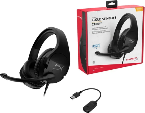 Vista 9 de HyperX Cloud Stinger S - Auriculares para juegos, para PC, sonido envolvente virtual 7.1, ligeros, espuma viscoelástica, cuero sintético suave