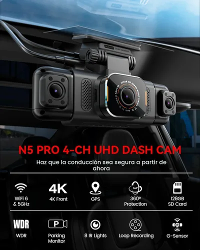 Vista 2 de Cámara de tablero N5 PRO 4K de 4 canales, vista panorámica de 360°, trasera e interior de 1080P, WiFi 5G 6 - hasta 10MB/s, GPS integrado, visión