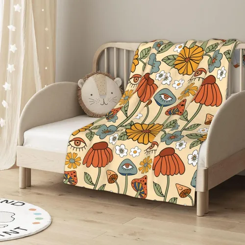 Vista 3 de Manta de hongos florales retro de los años 70, mantas suaves de franela para cama, acogedora y ligera, regalos de felpa para mujeres, hombres