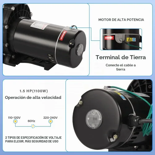 Vista 3 de Anbull Bomba de piscina de 1.5HP 6480GPH para tierra/sobre el suelo, potentes bombas de piscina autocebantes de doble voltaje para piscinas