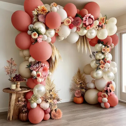 Vista 6 de Guirnalda de globos de color rosa polvoriento, globos de doble relleno, color rosa malva, kit de arco de globos de arena blanca perla para despedida